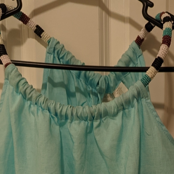 Light Blue Linen Dress with Beaded Necklace Collar - Picture 2 of 4